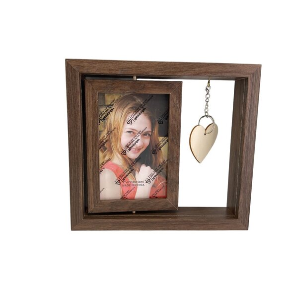 New Rustic Brown Wooden Frame With Hanging Heart Ornament set of 4 - Picture 1 of 3